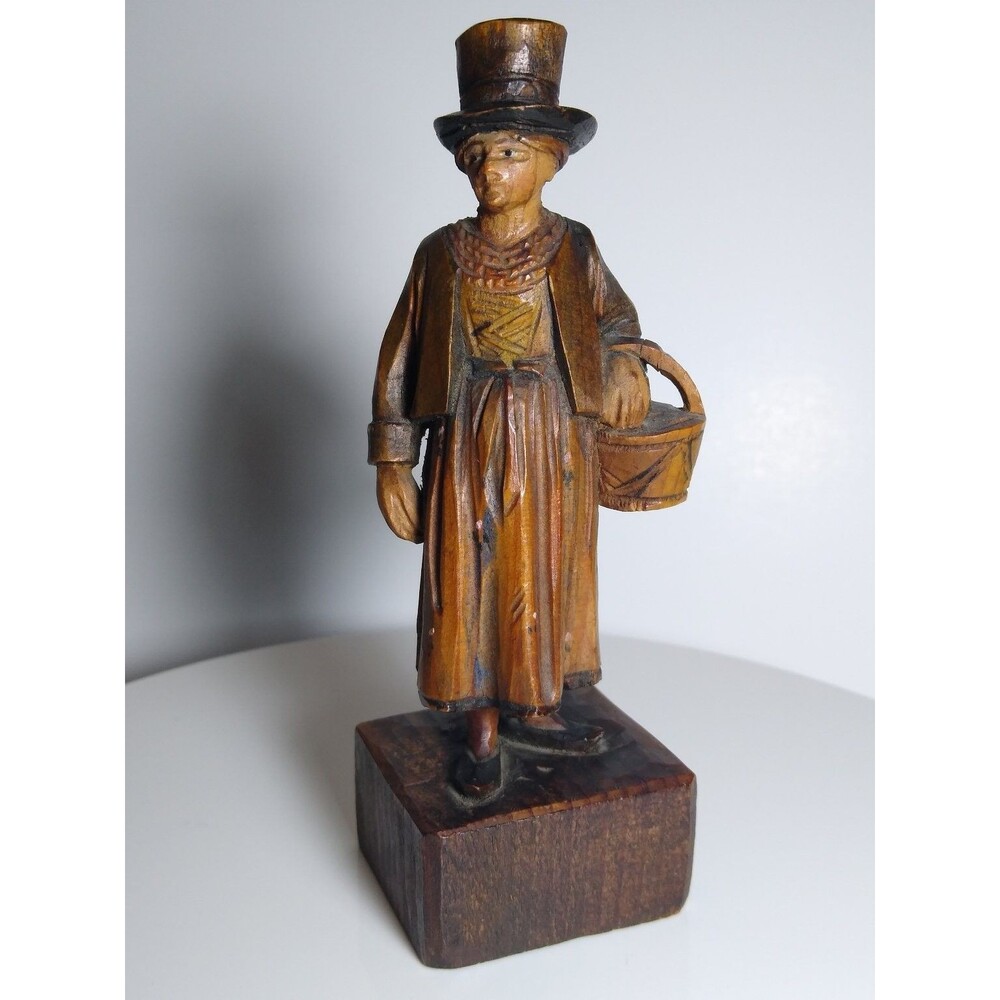 ANRI Old World Vintage Wood Figurine Folk Art Woman Basket Hand-Carved 4.75"
